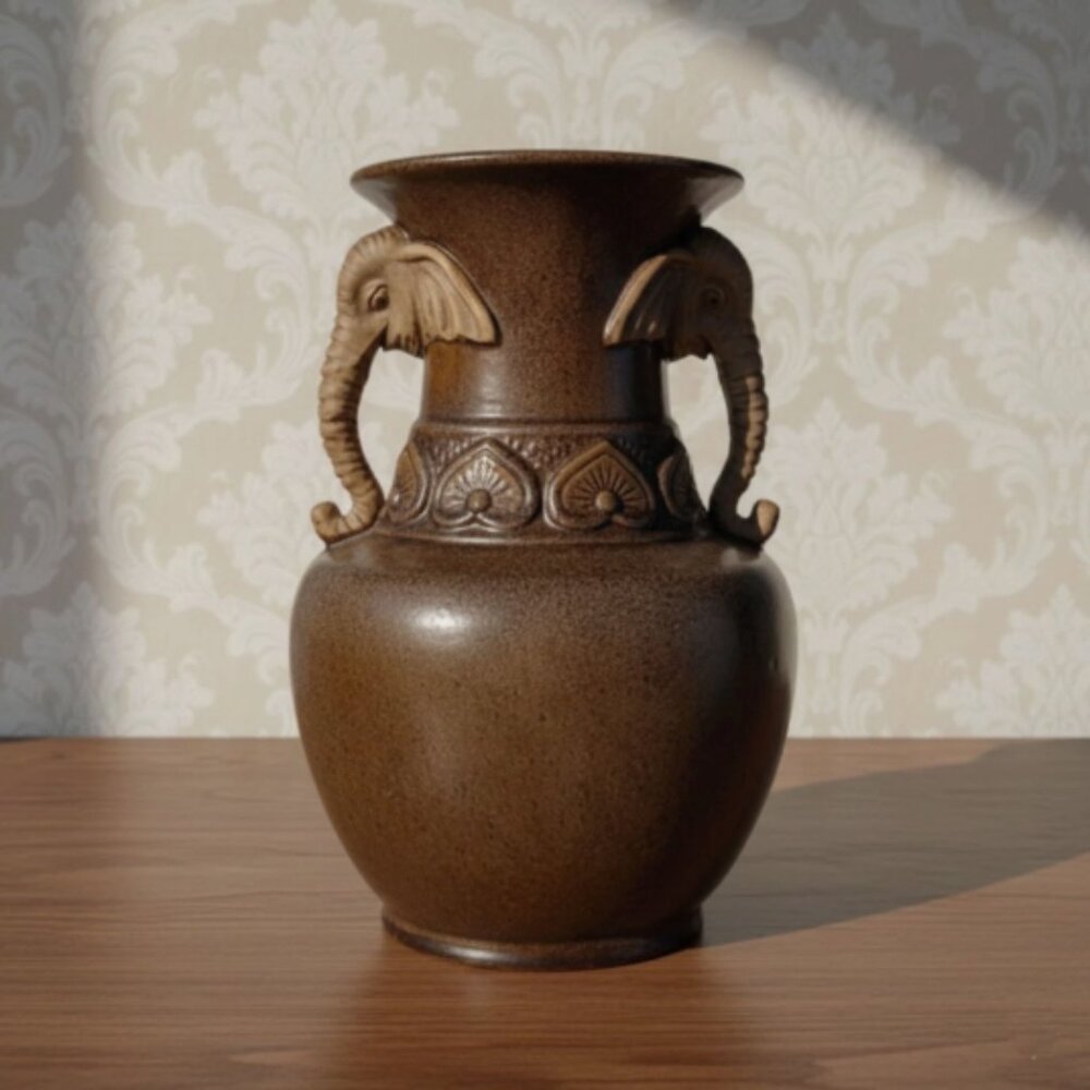 Vintage Large Elephant Handle Ceramic Vase 14" Earthy Brown Glaze Signed #297